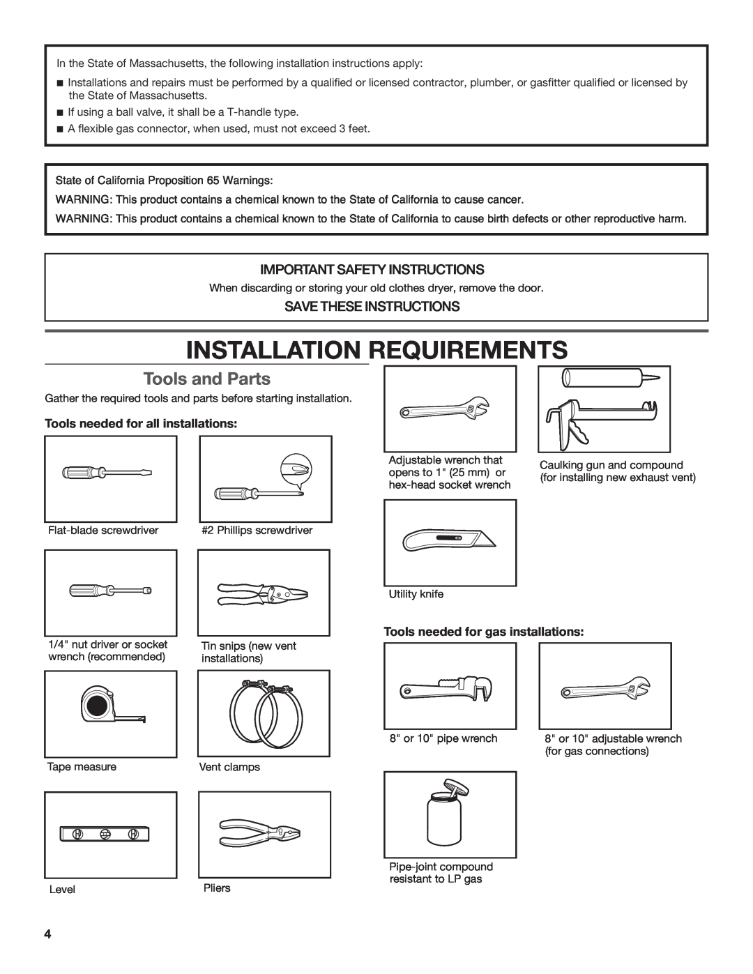 Maytag W10096984A Installation Requirements, Tools and Parts, Important Safety Instructions, Save These Instructions 