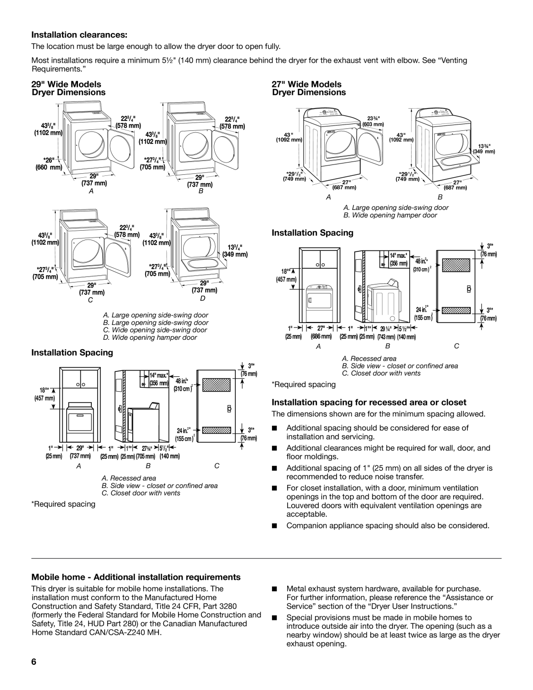Maytag W10097000A-SP, W10096984A, MGDX600XW Installation clearances, Wide Models Dryer Dimensions, Installation Spacing 