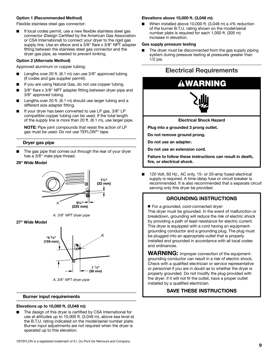 Maytag W10097000A-SP, W10096984A Electrical Requirements, Grounding Instructions, Save These Instructions, Dryer gas pipe 
