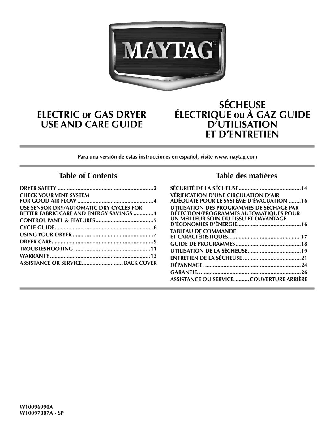 Maytag W10096990A, W10097007A - SP warranty ’Utilisation 