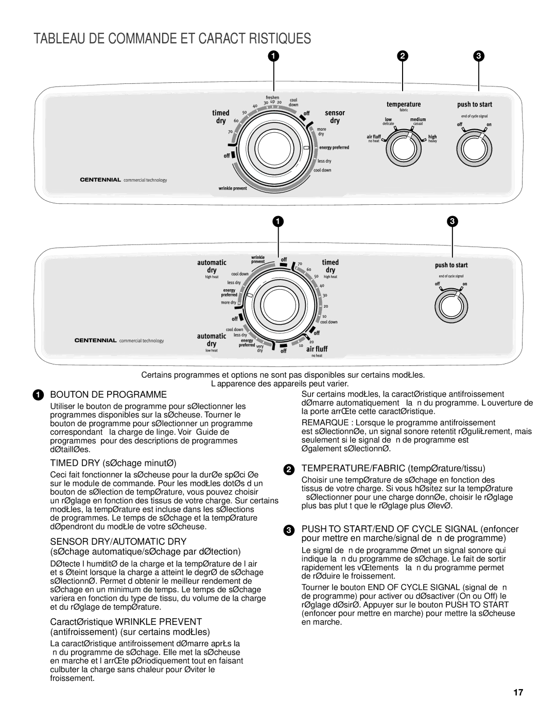 Maytag W10096990A Tableau DE Commande ET Caractéristiques, Timed DRY séchage minuté, TEMPERATURE/FABRIC température/tissu 