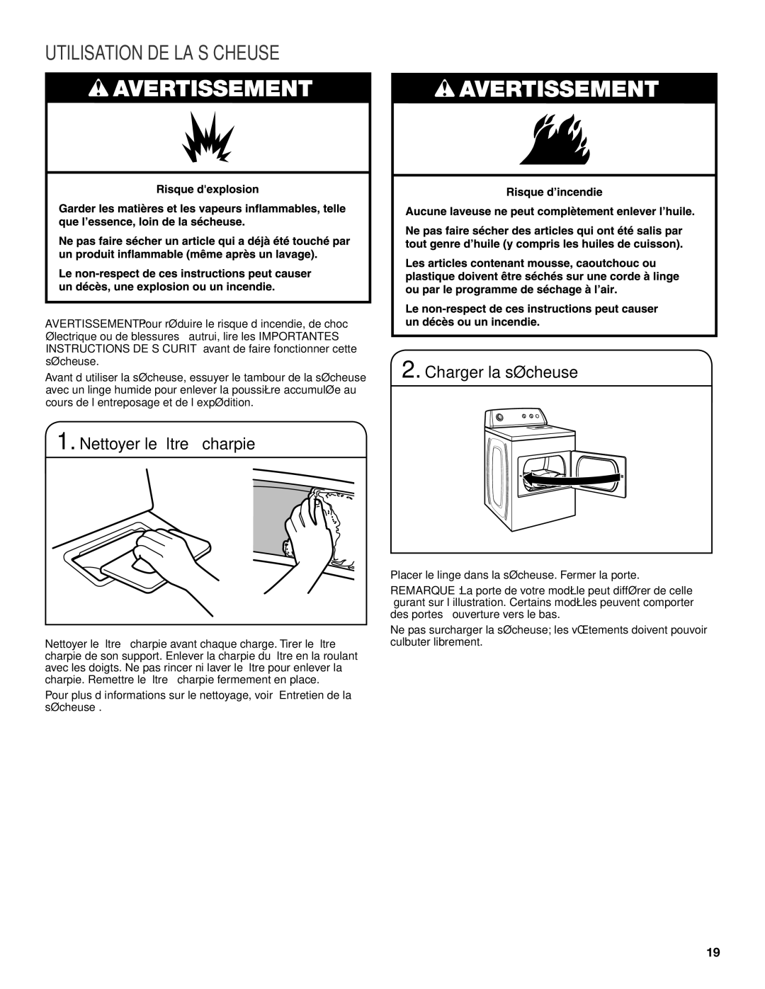 Maytag W10096990A, W10097007A - SP warranty Utilisation DE LA Sécheuse, Nettoyer le filtre à charpie, Charger la sécheuse 