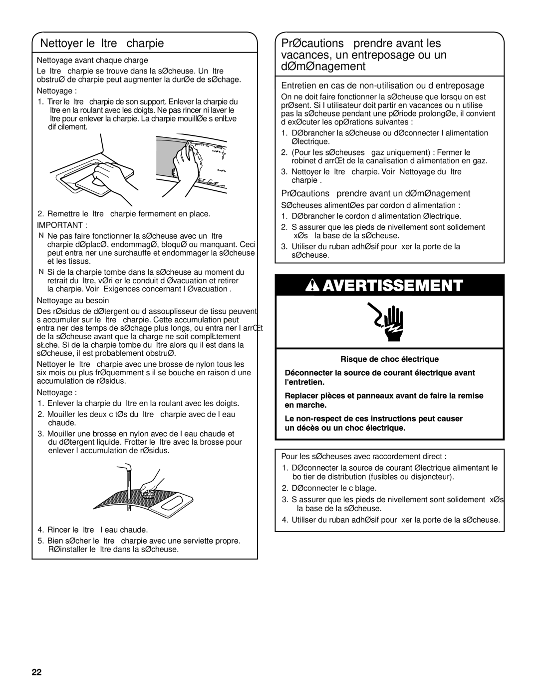 Maytag W10097007A - SP Entretien en cas de non-utilisation ou d’entreposage, Précautions à prendre avant un déménagement 