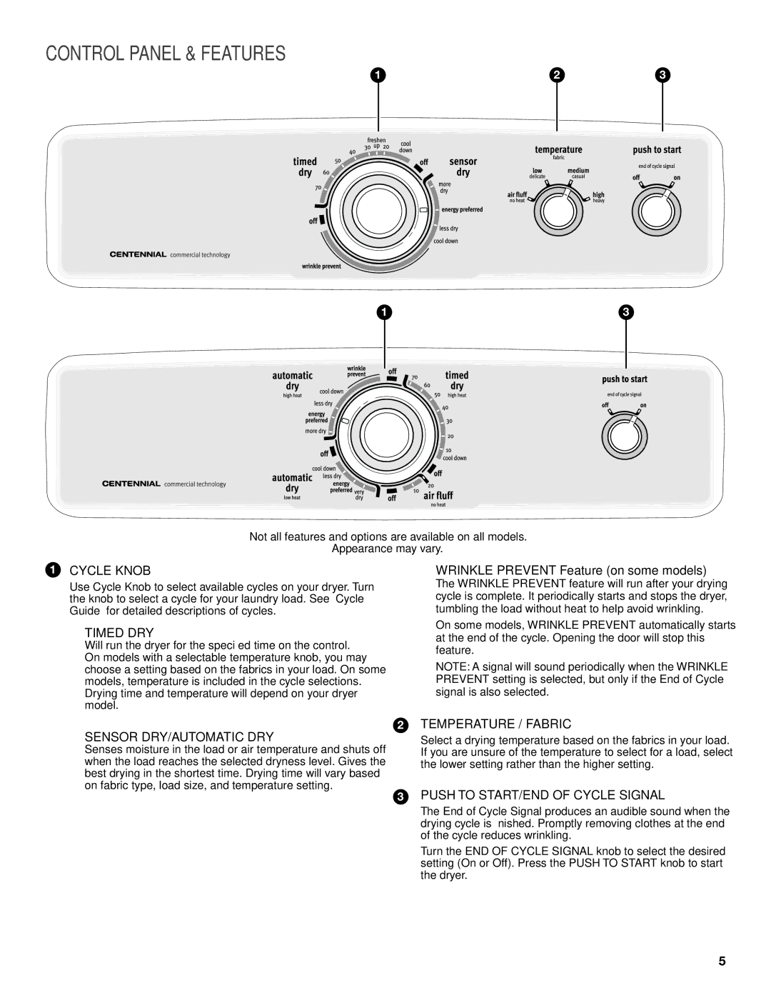 Maytag W10096990A, W10097007A - SP warranty Control Panel & Features, Wrinkle Prevent Feature on some models 