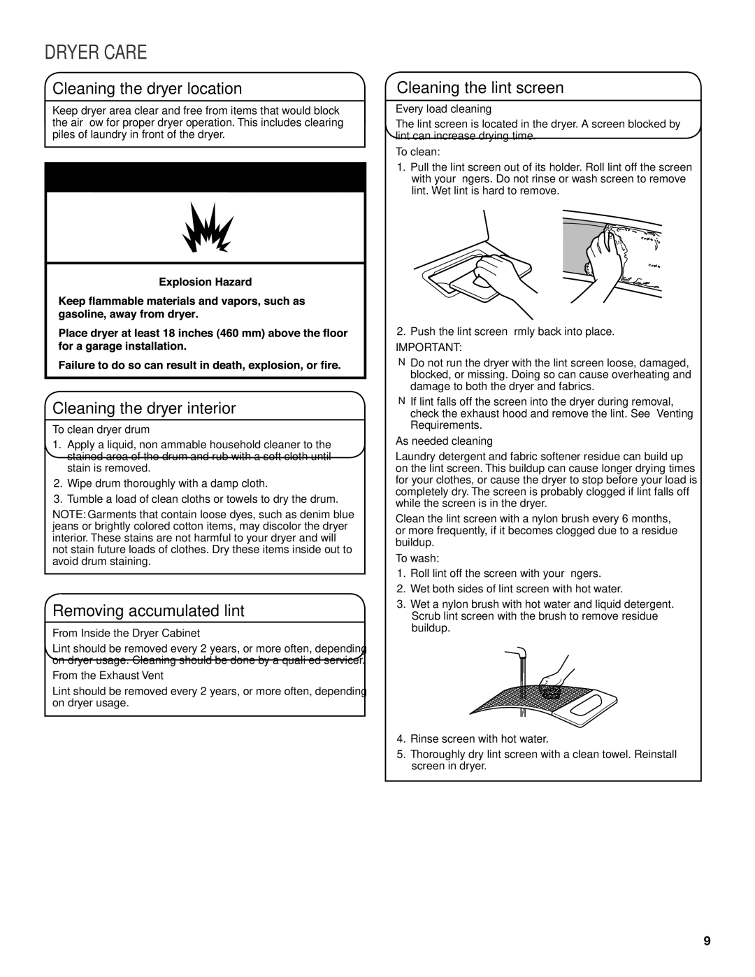 Maytag W10096990A warranty Dryer Care, Cleaning the dryer location, Cleaning the dryer interior, Removing accumulated lint 