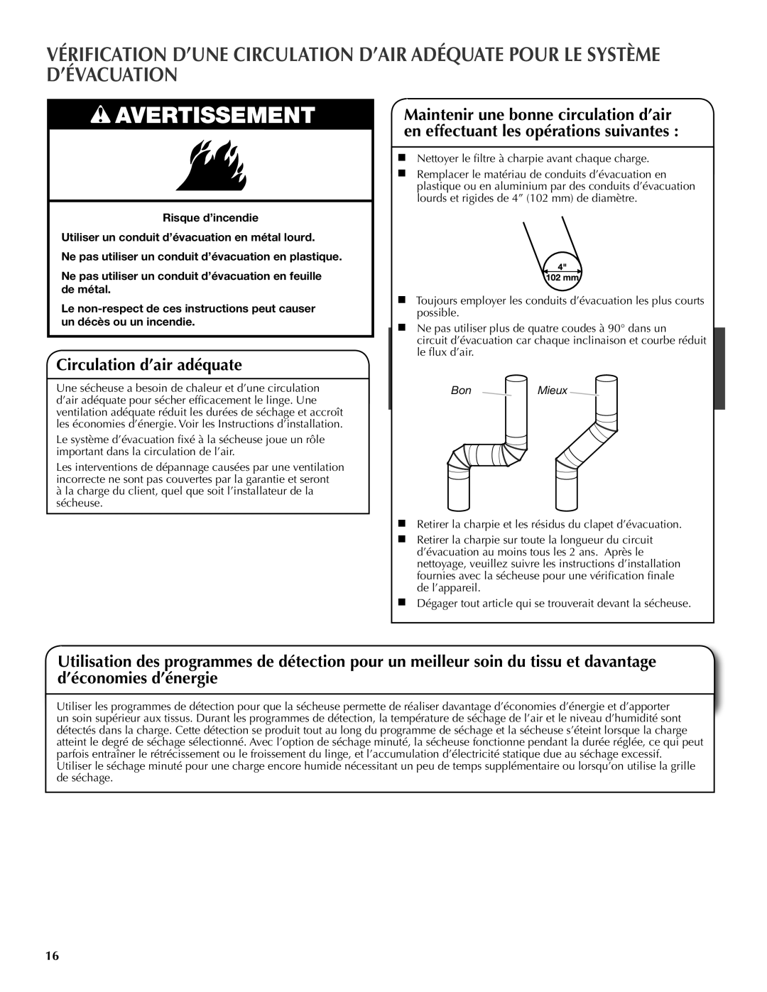 Maytag W10097016A-SP, W10097013A warranty Circulation d’air adéquate, Nettoyer le filtre à charpie avant chaque charge 