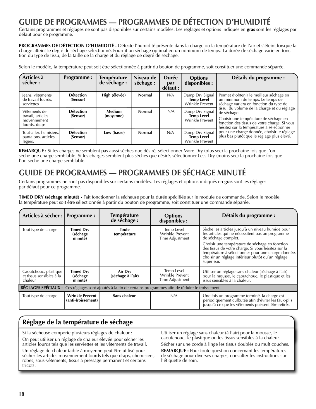 Maytag W10097016A-SP warranty Guide DE Programmes Programmes DE Détection D’HUMIDITÉ, Réglage de la température de séchage 