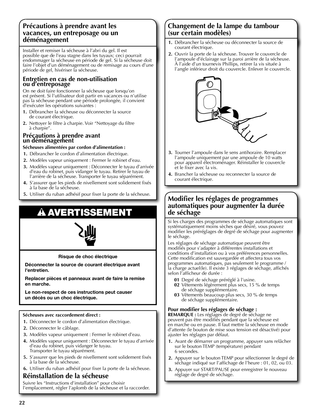 Maytag W10097016A-SP, W10097013A Réinstallation de la sécheuse, Changement de la lampe du tambour sur certain modèles 