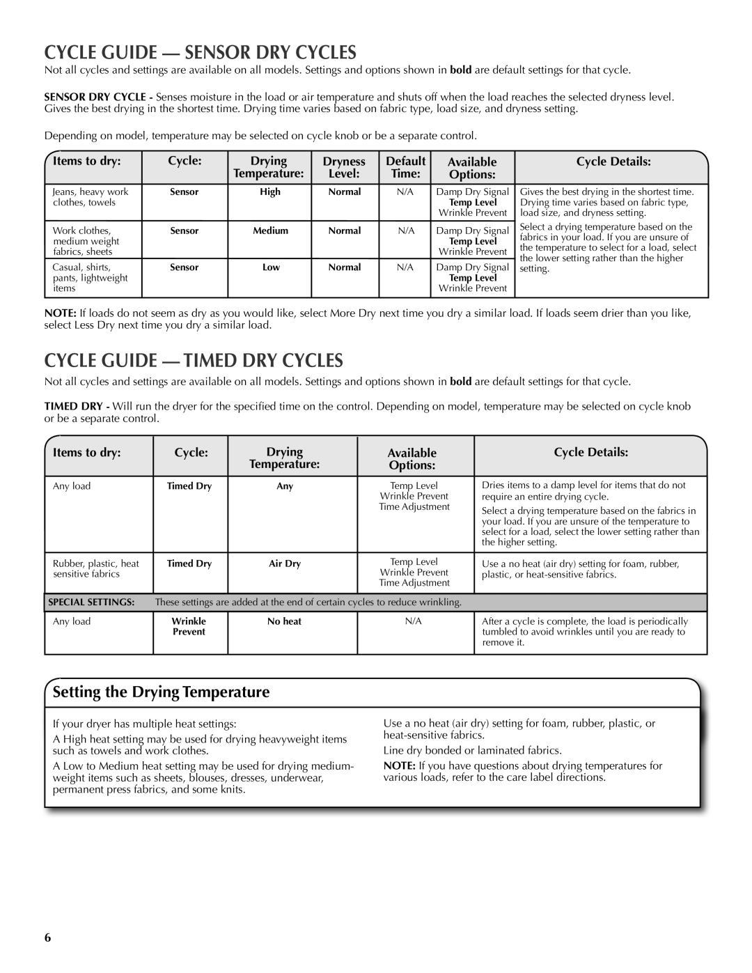 Maytag W10097016A-SP Cycle Guide Sensor DRY Cycles, Cycle Guide Timed DRY Cycles, Setting the Drying Temperature, Options 