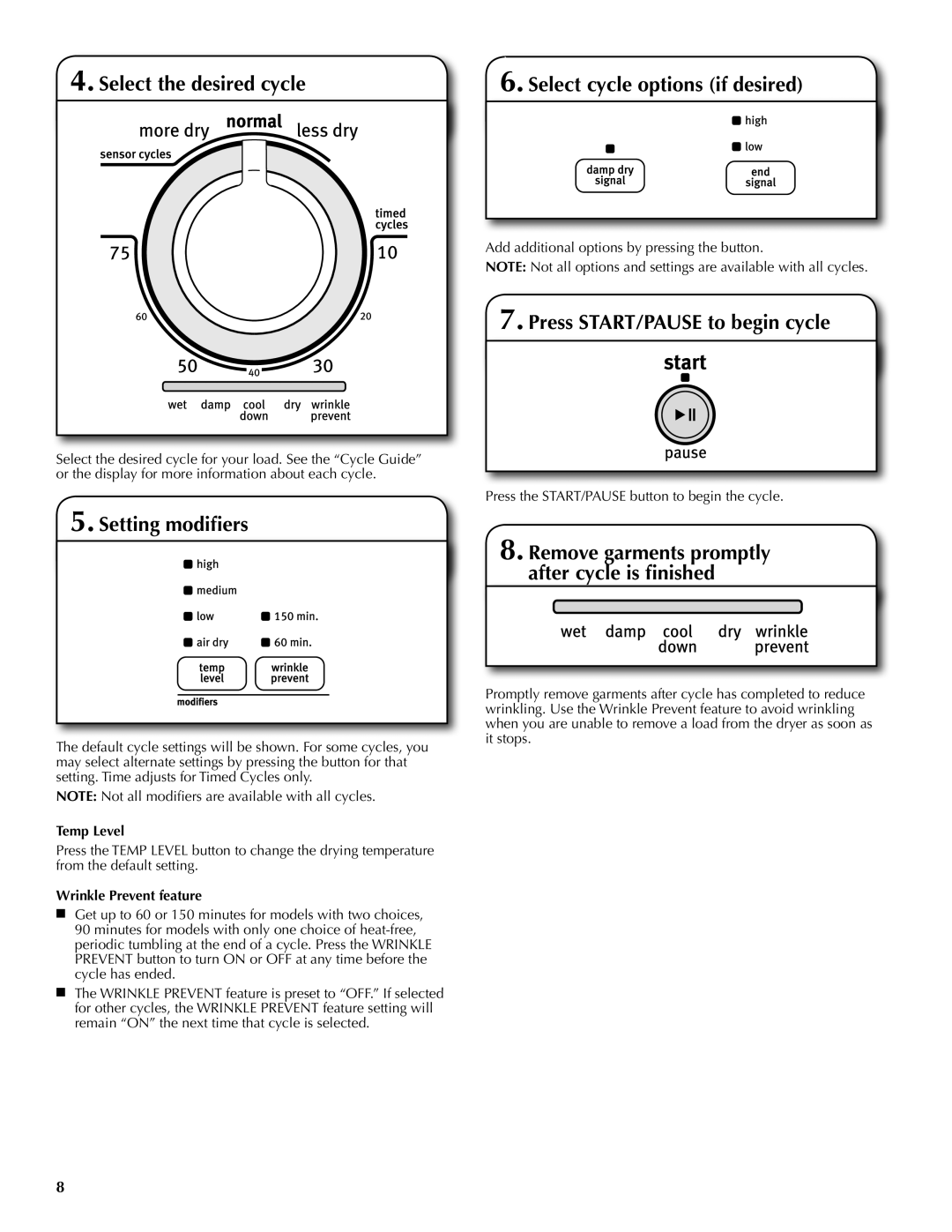 Maytag W10097016A-SP, W10097013A Select the desired cycle Select cycle options if desired, Setting modifiers, Temp Level 