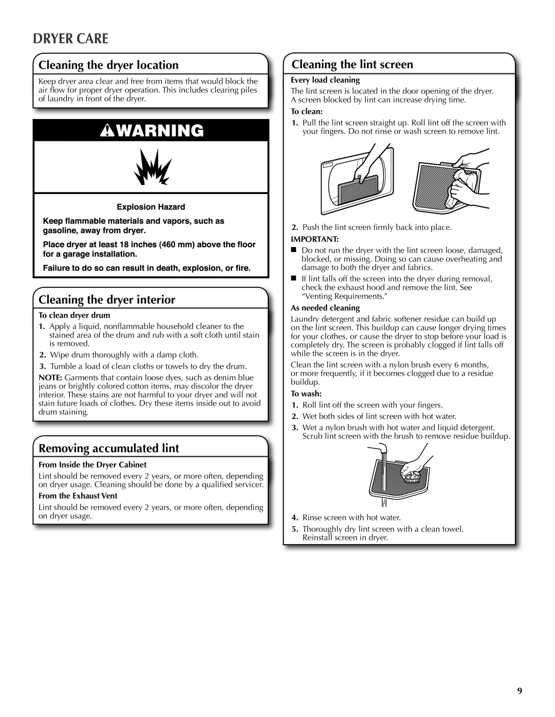 Maytag W10097013A warranty Dryer Care, Cleaning the dryer location, Cleaning the dryer interior, Removing accumulated lint 