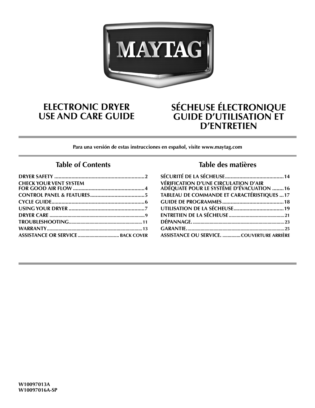 Maytag W10097013A warranty Table des matières, Guide D’Utilisation Et, Use And Care Guide, Electronic Dryer, D’Entretien 