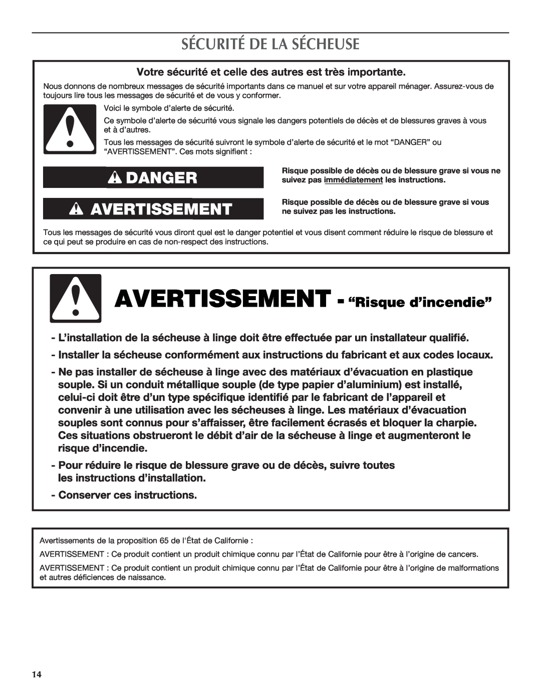 Maytag W10097016A-SP, W10097013A warranty Sécurité De La Sécheuse, Danger Avertissement 