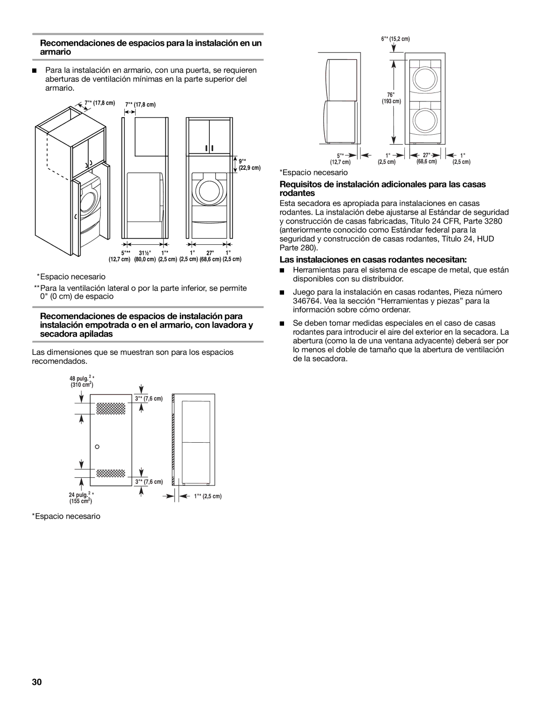 Maytag W10099060 manual Las instalaciones en casas rodantes necesitan 