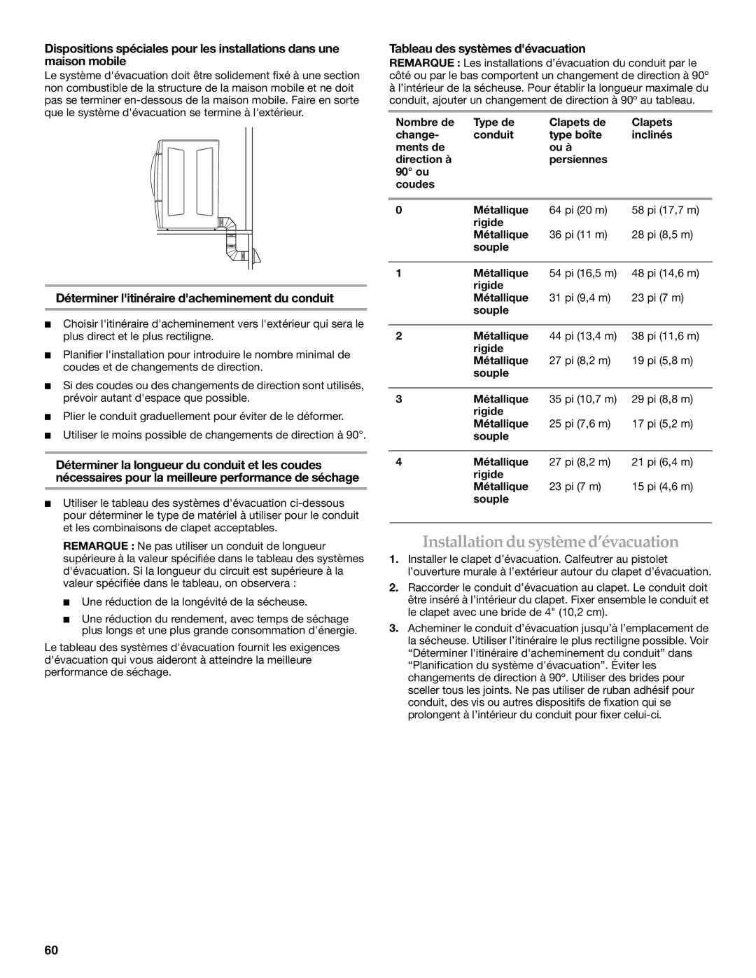 Maytag W10099060 manual Installation du système d’évacuation, Déterminer litinéraire dacheminement du conduit 