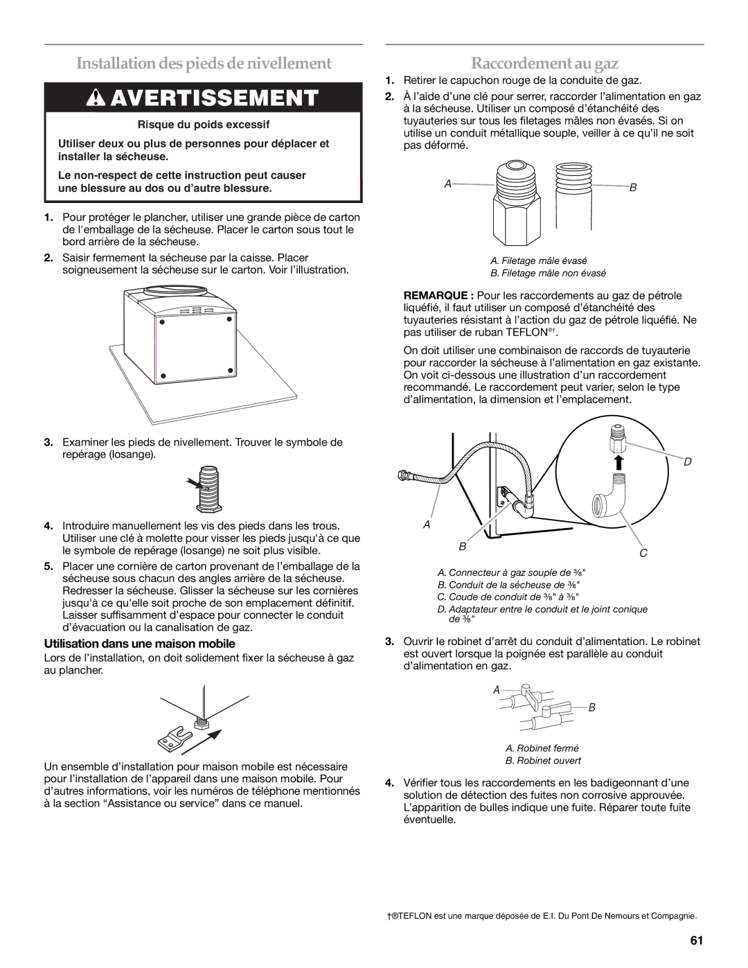 Maytag W10099060 manual Installation despiedsde nivellement, Raccordementau gaz, Utilisation dans une maison mobile 