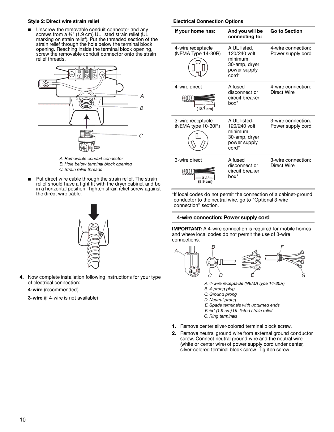 Maytag W10099070 manual Wire connection Power supply cord, Style 2 Direct wire strain relief 