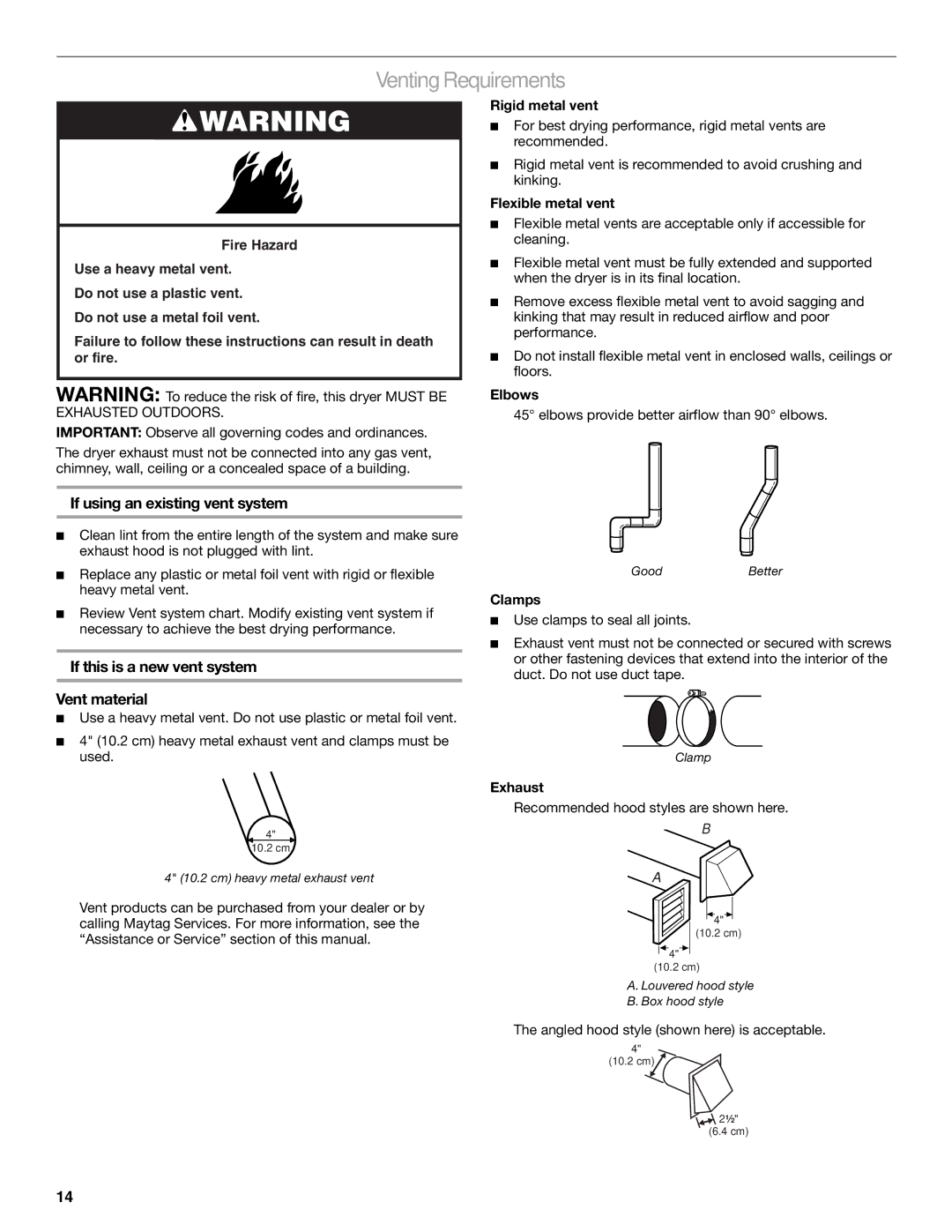 Maytag W10099070 manual Venting Requirements, If using an existing vent system, If this is a new vent system Vent material 