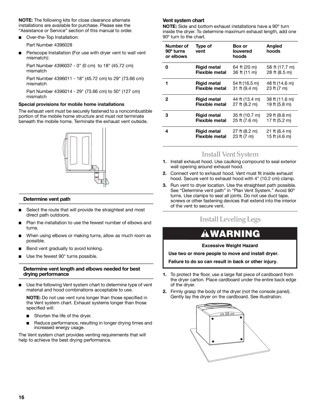 Maytag W10099070 manual InstallVent System, InstallLeveling Legs, Determine vent path, Vent system chart 