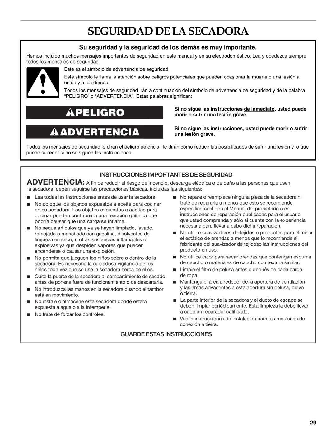 Maytag W10099070 manual Seguridad DE LA Secadora, Su seguridad y la seguridad de los demás es muy importante 