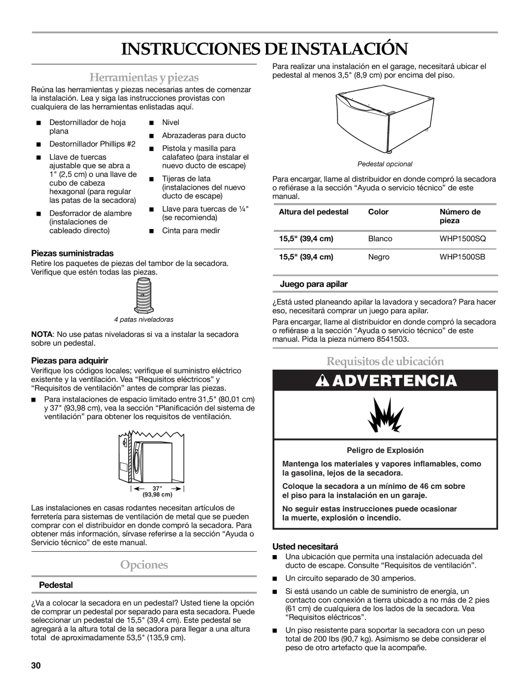 Maytag W10099070 manual Instrucciones DE Instalación, Herramientas ypiezas, Opciones, Requisitosde ubicación 