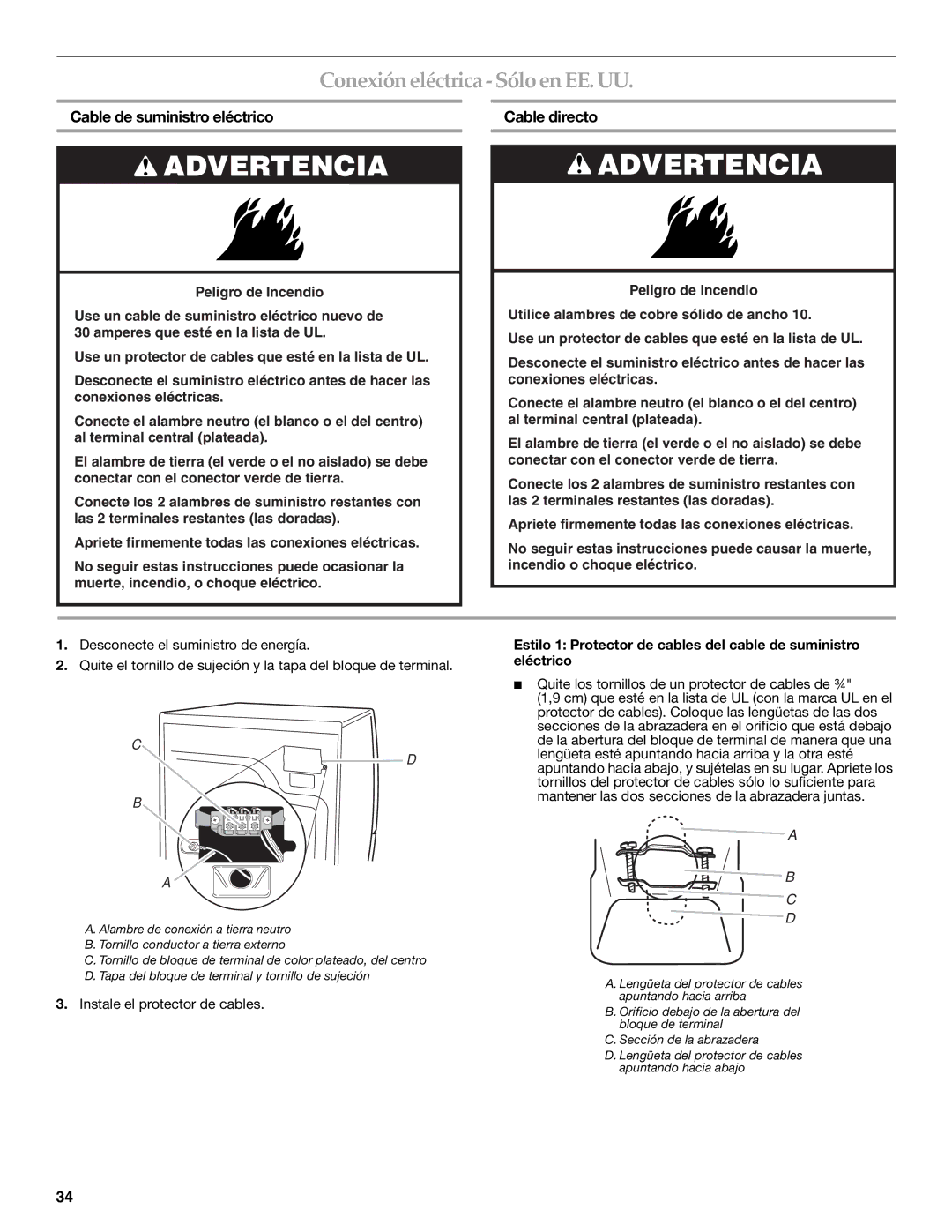 Maytag W10099070 manual Conexión eléctrica Sólo en EE. UU, Cable de suministro eléctrico Cable directo 