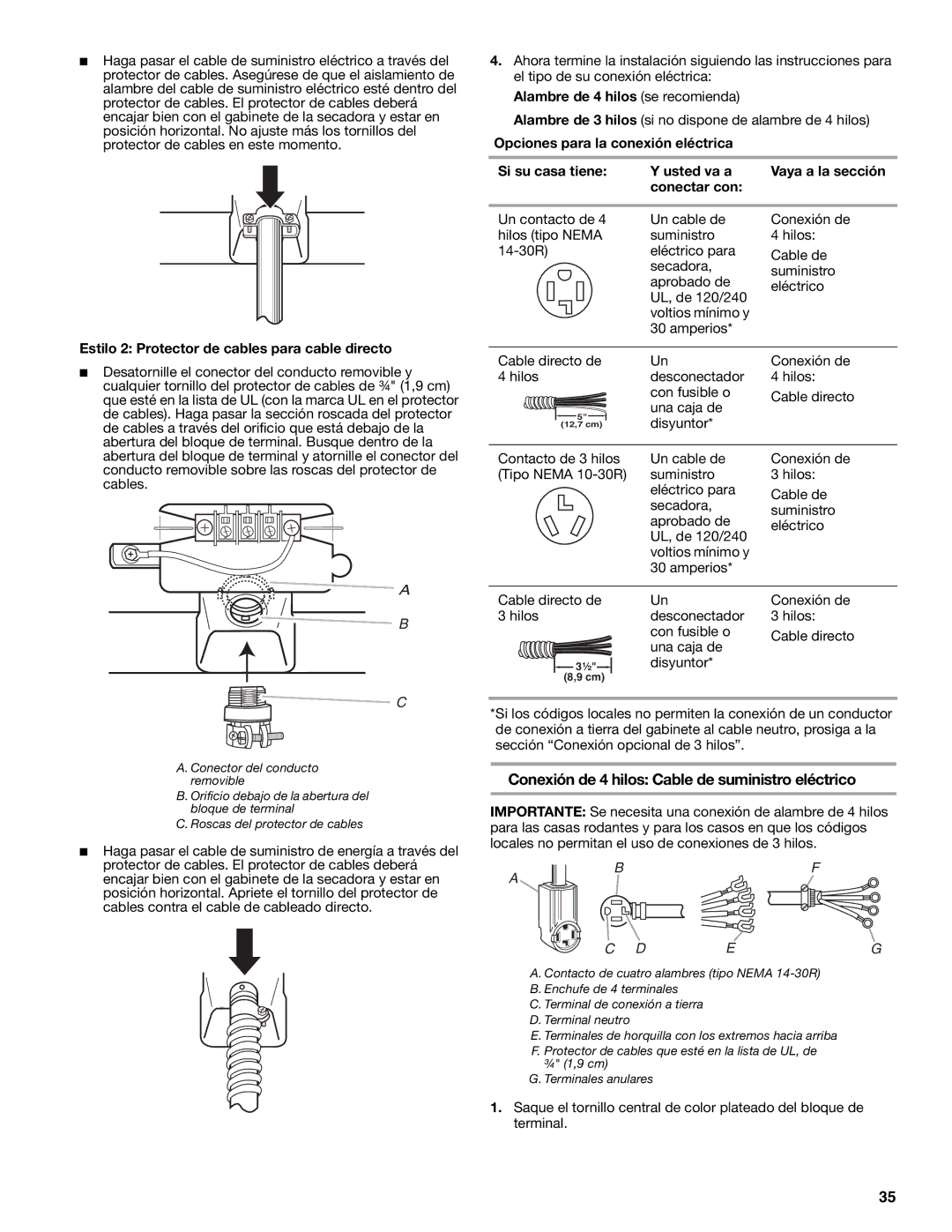 Maytag W10099070 manual Conexión de 4 hilos Cable de suministro eléctrico, Estilo 2 Protector de cables para cable directo 