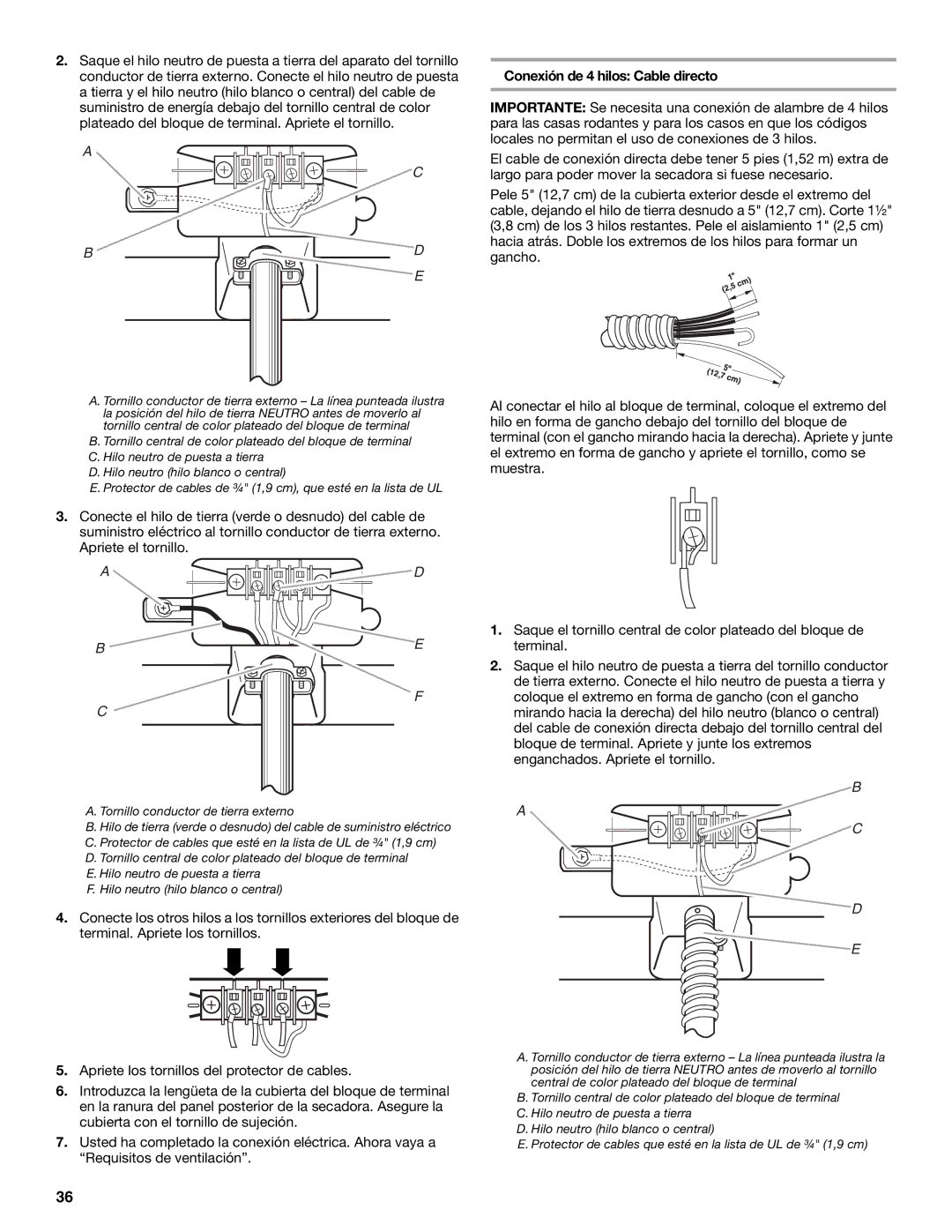 Maytag W10099070 manual Conexión de 4 hilos Cable directo, Tornillo conductor de tierra externo 