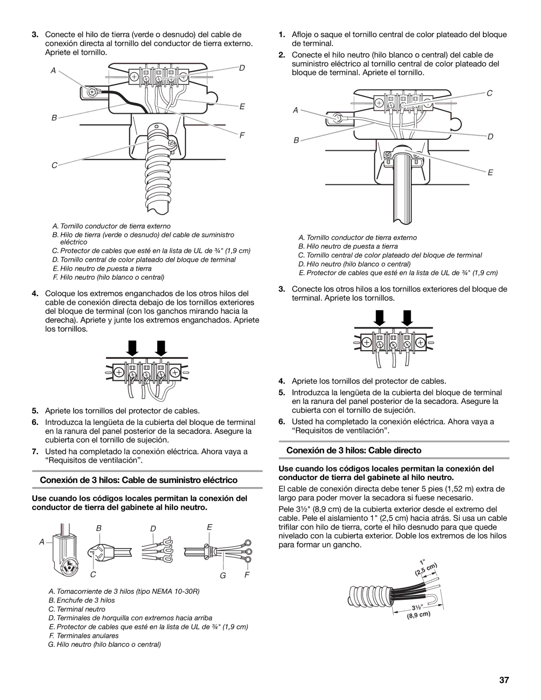 Maytag W10099070 manual Conexión de 3 hilos Cable de suministro eléctrico, Conexión de 3 hilos Cable directo 