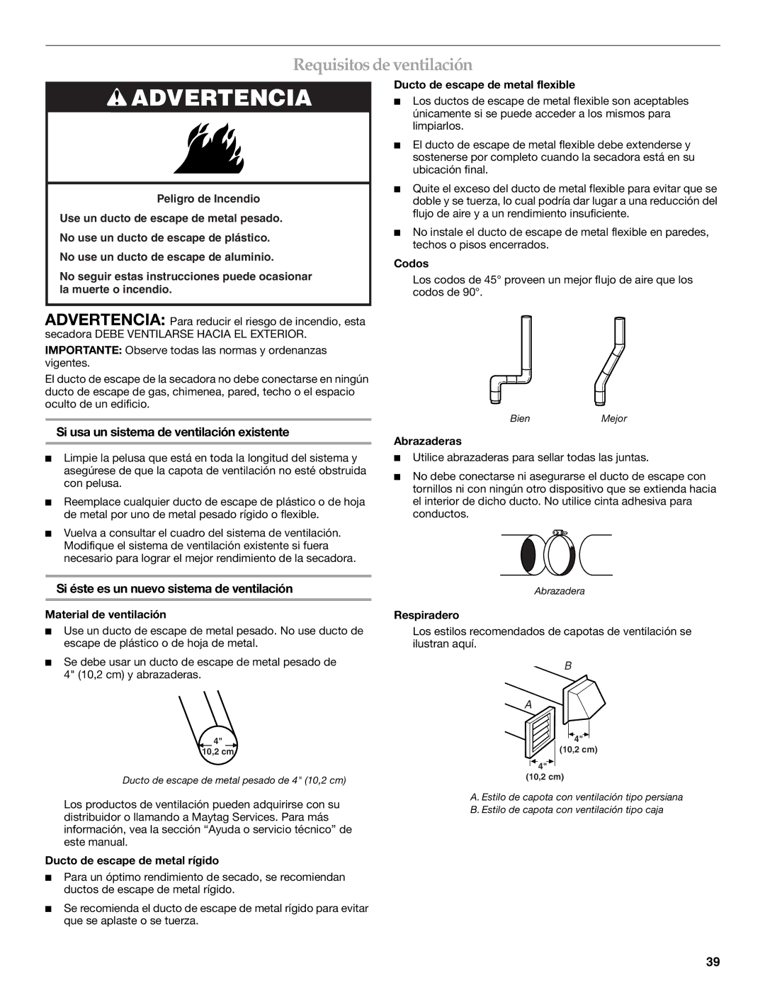 Maytag W10099070 manual Requisitos de ventilación, Si usa un sistema de ventilación existente 