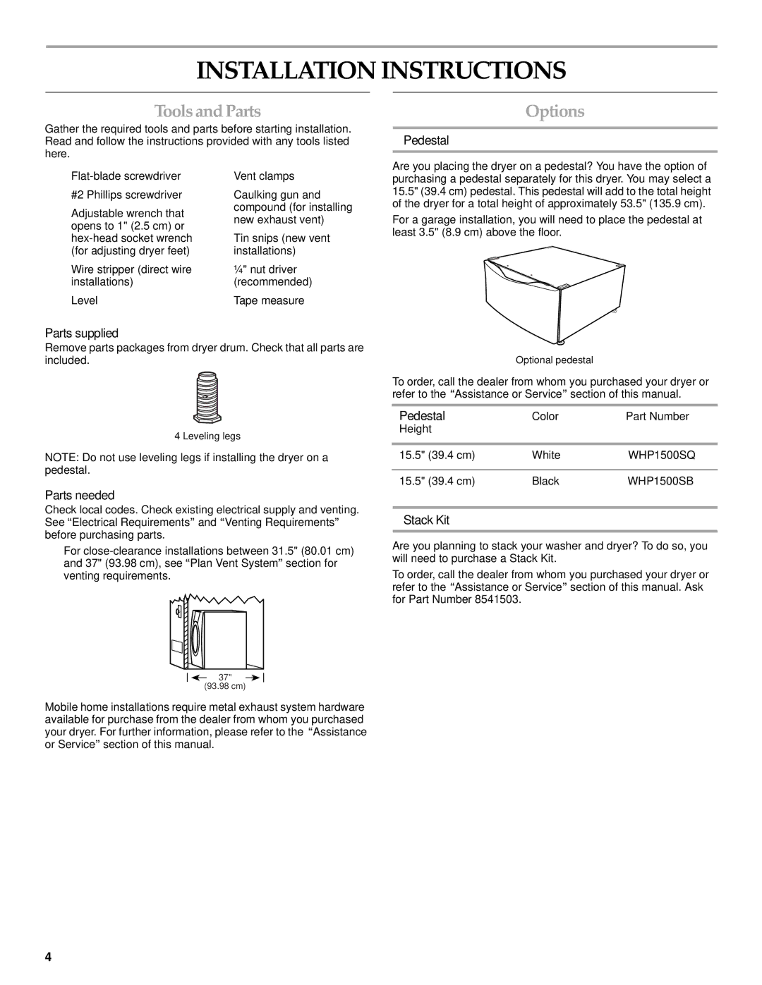 Maytag W10099070 manual Installation Instructions, Toolsand Parts, Options 