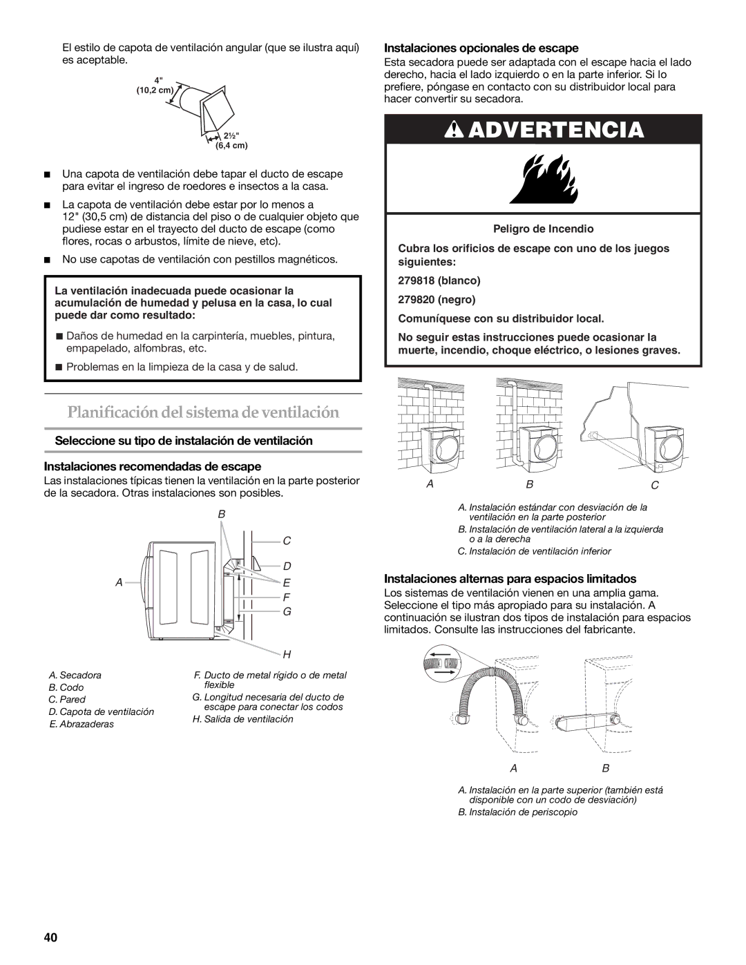 Maytag W10099070 manual Planificación delsistema de ventilación, Instalaciones opcionales de escape 