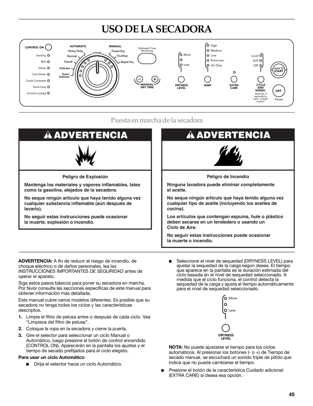 Maytag W10099070 manual USO DE LA Secadora, Puesta en marcha de la secadora, Para usar un ciclo Automático 