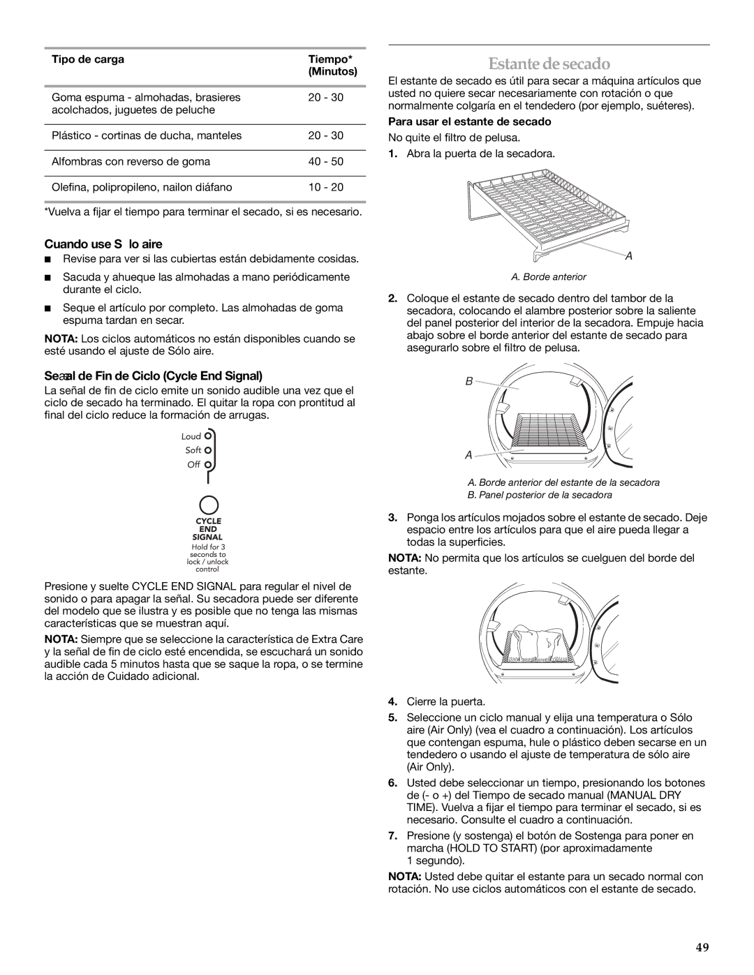 Maytag W10099070 manual Estante de secado, Cuando use Sólo aire, Señal de Fin de Ciclo Cycle End Signal 