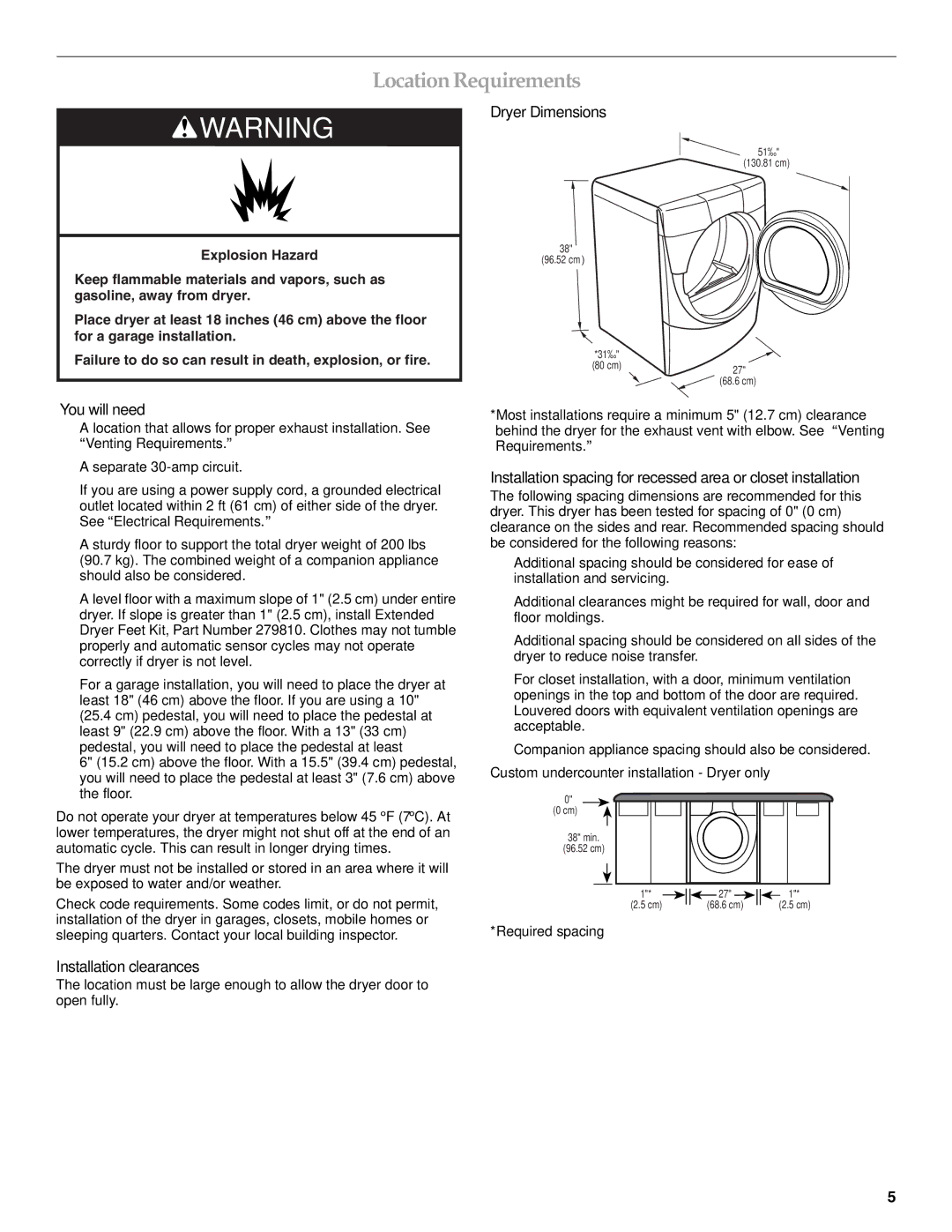 Maytag W10099070 manual Location Requirements, Dryer Dimensions, You will need, Installation clearances 