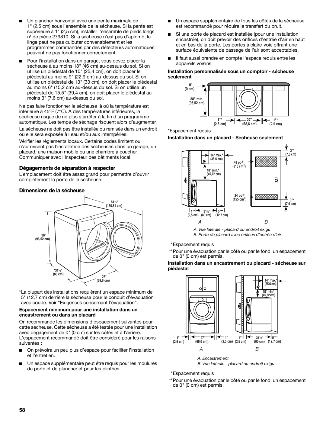 Maytag W10099070 manual Dégagements de séparation à respecter, Dimensions de la sécheuse, Espacement requis 