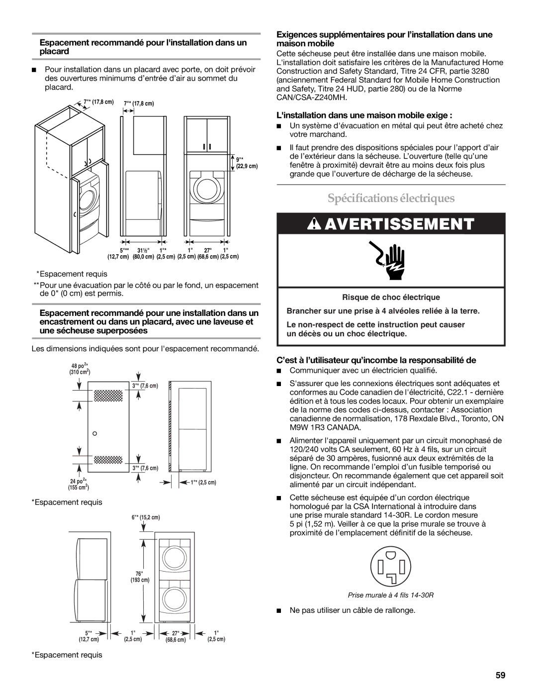 Maytag W10099070 manual Spécificationsélectriques, Espacement recommandé pour linstallation dans un placard 