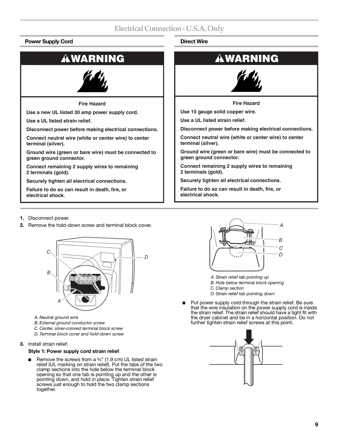 Maytag W10099070 manual Electrical Connection -U.S.A. Only, Power Supply Cord Direct Wire, Install strain relief 