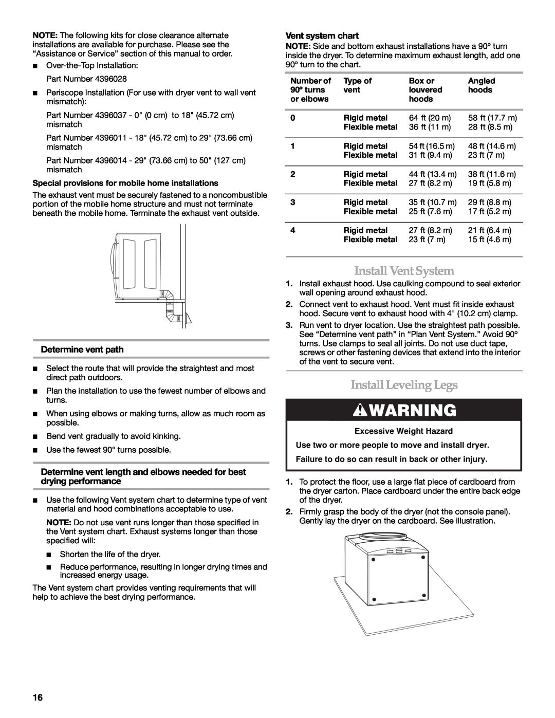 Maytag W10099070 InstallVent System, InstallLeveling Legs, Determine vent path, Vent system chart, Number of, Type of 