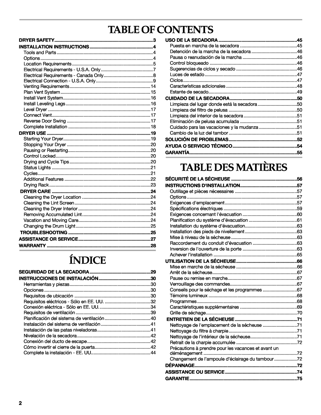 Maytag W10099070 manual Table Of Contents, Índice, Table Des Matières, Dryer Safety, Installation Instructions, Dryer Use 