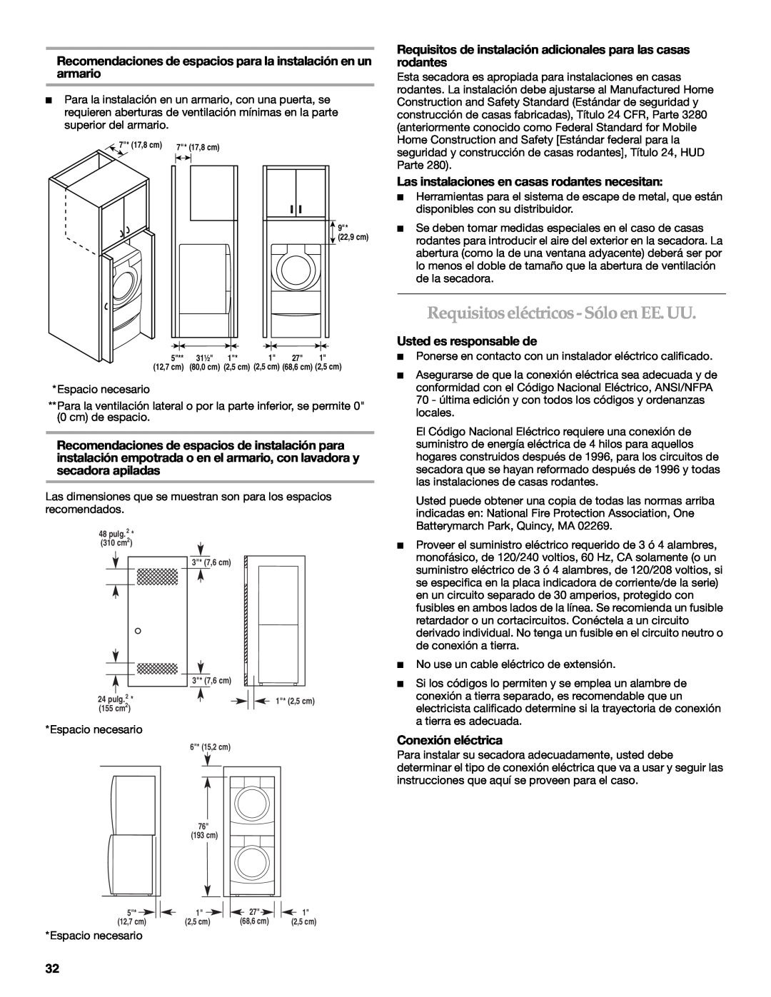 Maytag W10099070 manual Requisitoseléctricos- Sólo en EE. UU, Recomendaciones de espacios para la instalación en un armario 