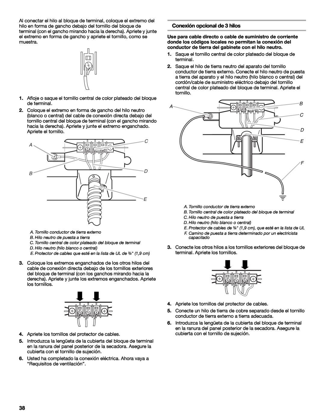 Maytag W10099070 manual Conexión opcional de 3 hilos, B C D E, B D E 
