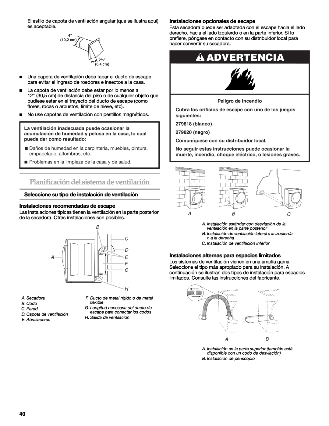 Maytag W10099070 manual Planificación delsistema de ventilación, Instalaciones opcionales de escape, Advertencia 