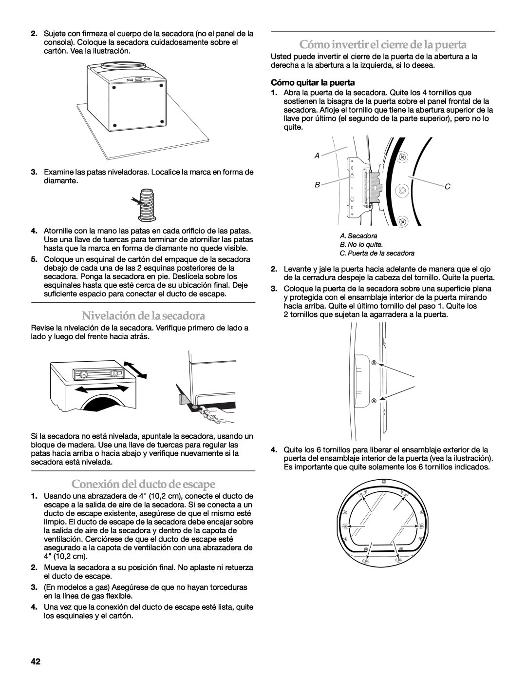 Maytag W10099070 manual Cómo invertir elcierre de la puerta, Nivelación de la secadora, Conexión del ducto de escape 