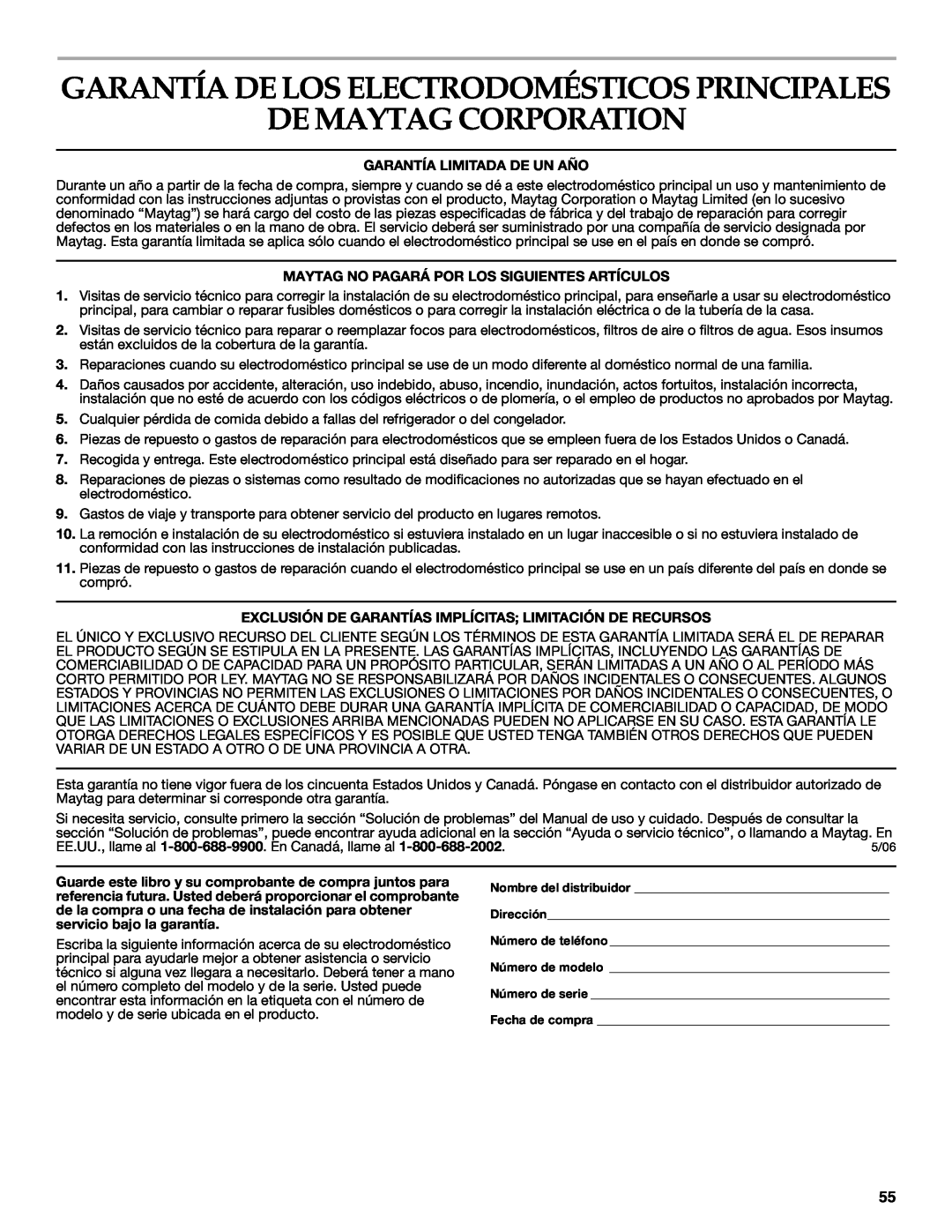 Maytag W10099070 manual De Maytag Corporation, Garantía De Los Electrodomésticos Principales, Garantía Limitada De Un Año 