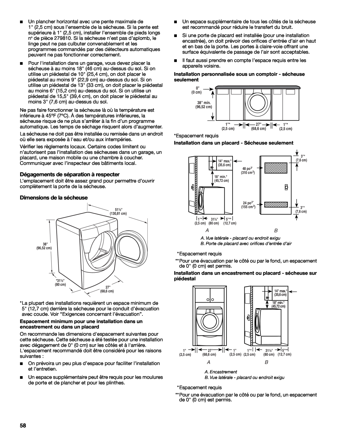 Maytag W10099070 manual Dégagements de séparation à respecter, Dimensions de la sécheuse 