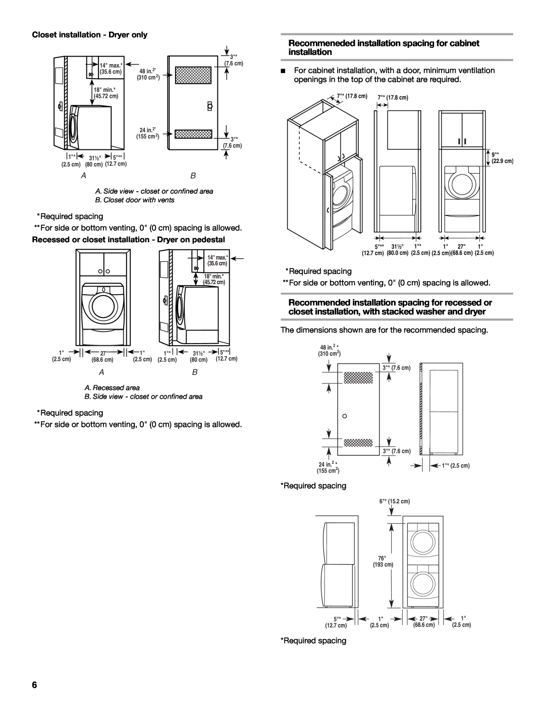 Maytag W10099070 manual Recommeneded installation spacing for cabinet, Closet installation - Dryer only 