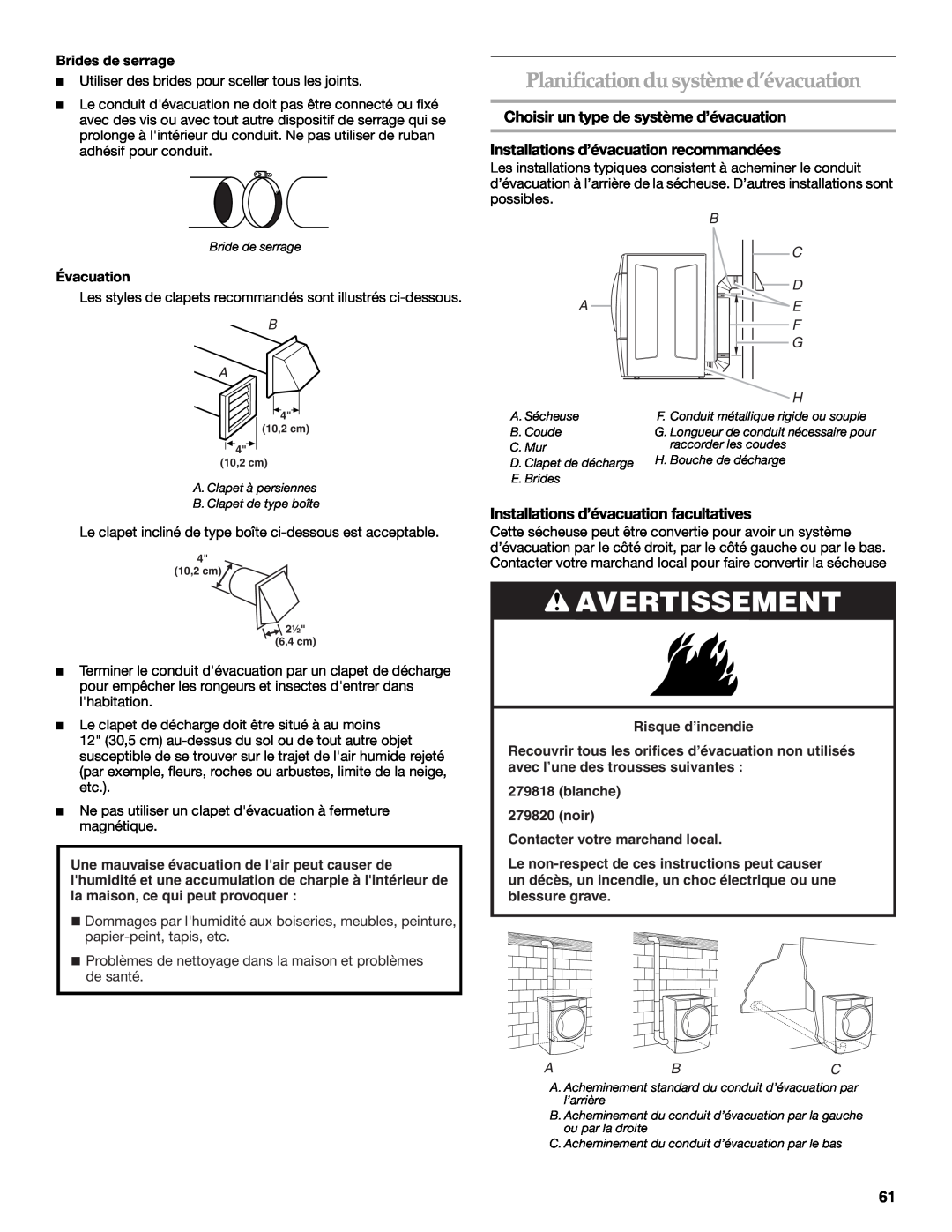 Maytag W10099070 manual Planification du système d’évacuation, Choisir un type de système d’évacuation, Brides de serrage 