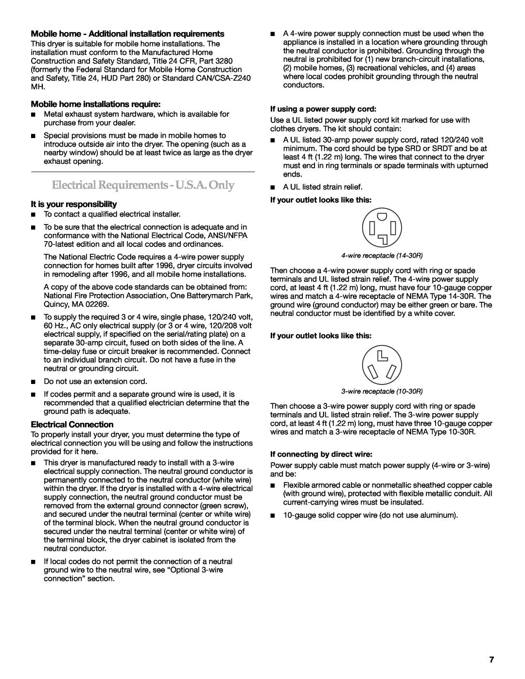 Maytag W10099070 manual ElectricalRequirements- U.S.A. Only, Mobile home - Additional installation requirements 