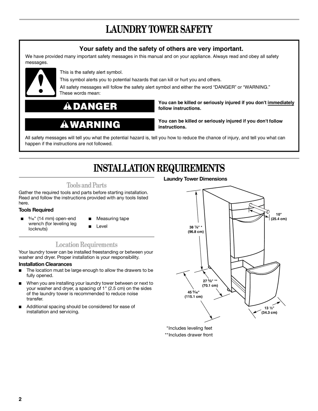 Maytag W10101295A Laundry Tower Safety, Installation Requirements, ToolsandParts, LocationRequirements 